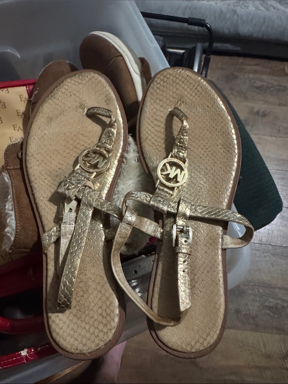 Michael Kors Metallic Gold Logo T-Strap Sandals - Women's